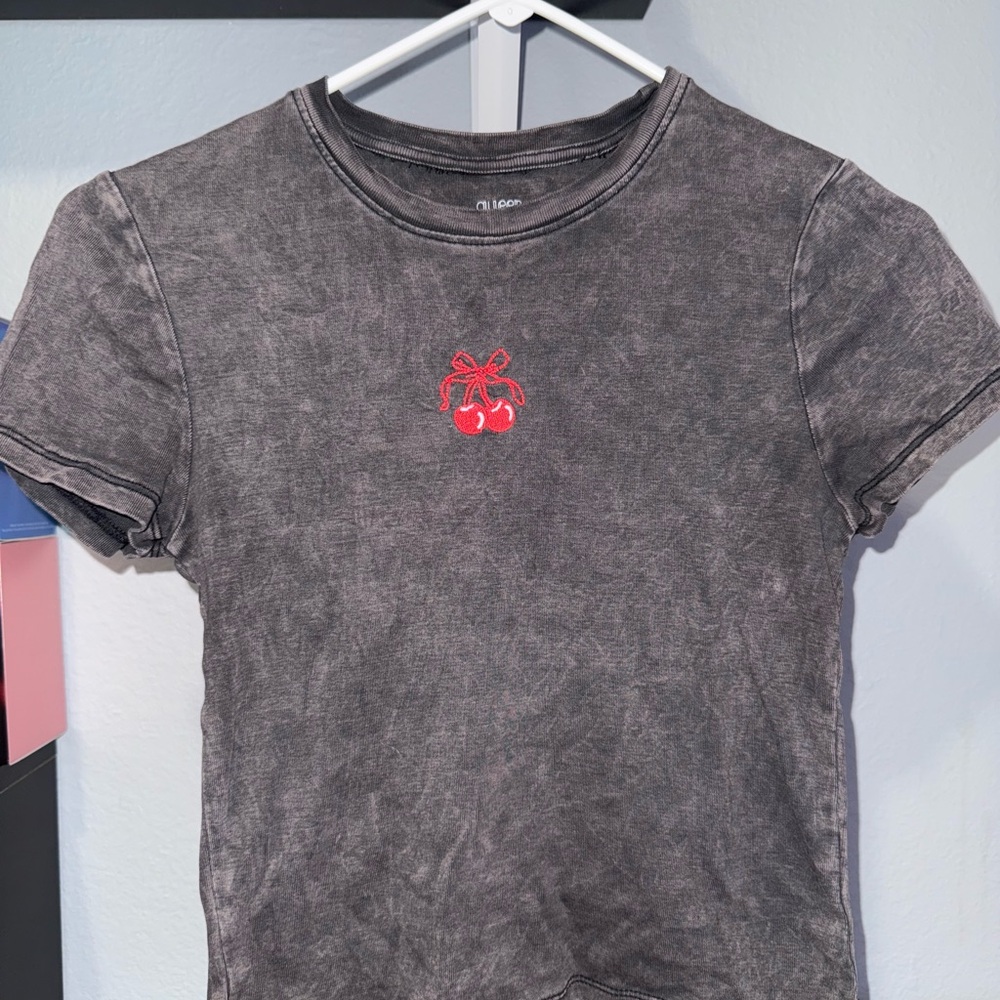 Gray T-Shirt with Red Cherry Embroidery